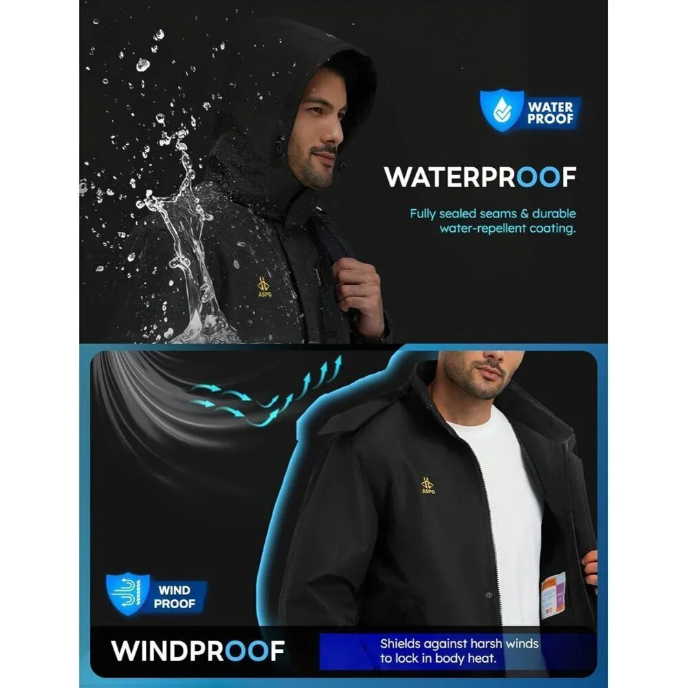 Men's Black 1 Waterproof Winter Warm Snow Coat Fleece Lined Hiking Ski Jacket